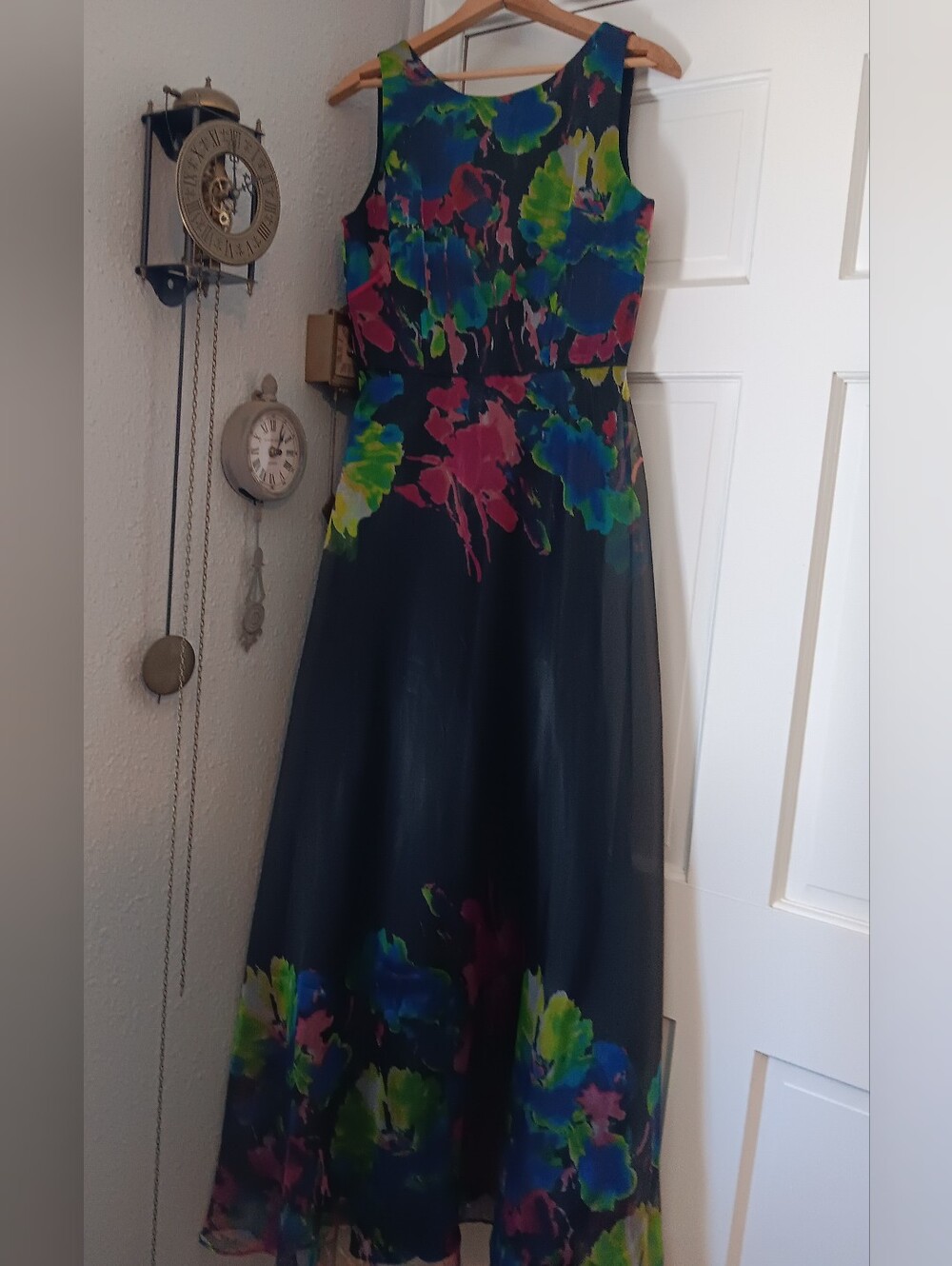 Tahari Black Floral Maxi Dress with Blue Green Pink Accents